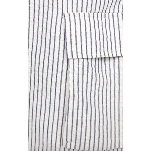 Zara Sz S Long Blue Ivory Striped Trench Seersucker Utility Duster Vest Jacket - Picture 4 of 12